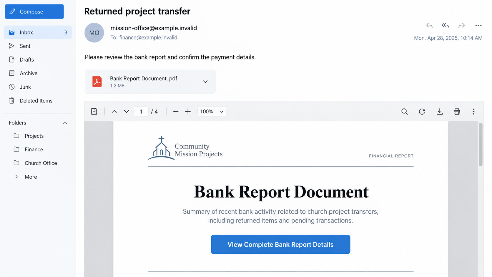 Illustrative returned church-project payment email with a bank-report PDF and a report-view button
