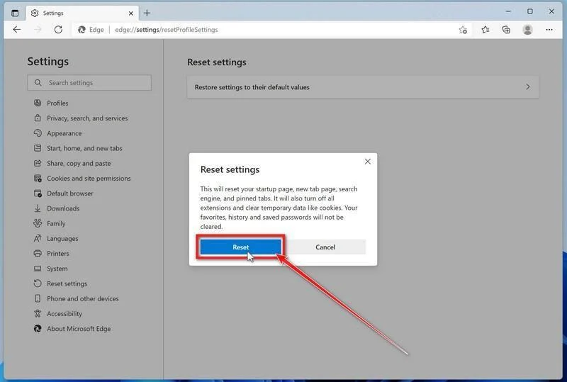 Confirm the Microsoft Edge reset