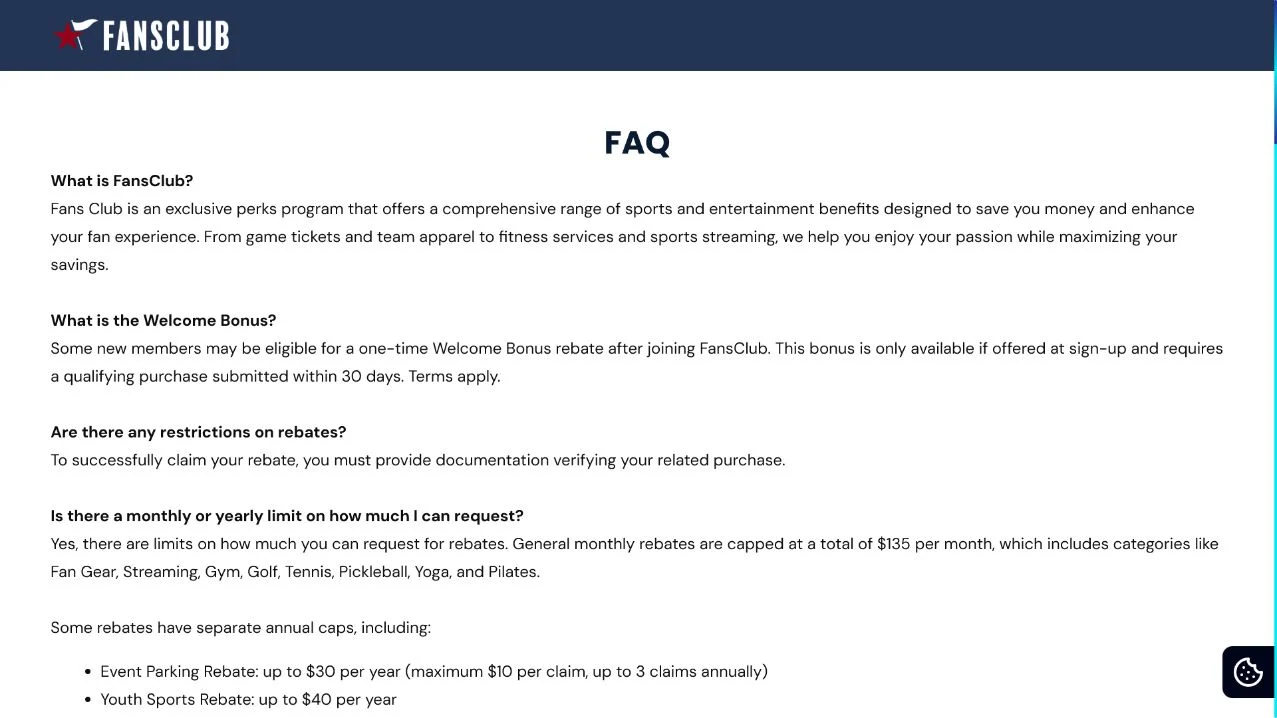 FansClub official FAQ describing its perks membership and rebate program