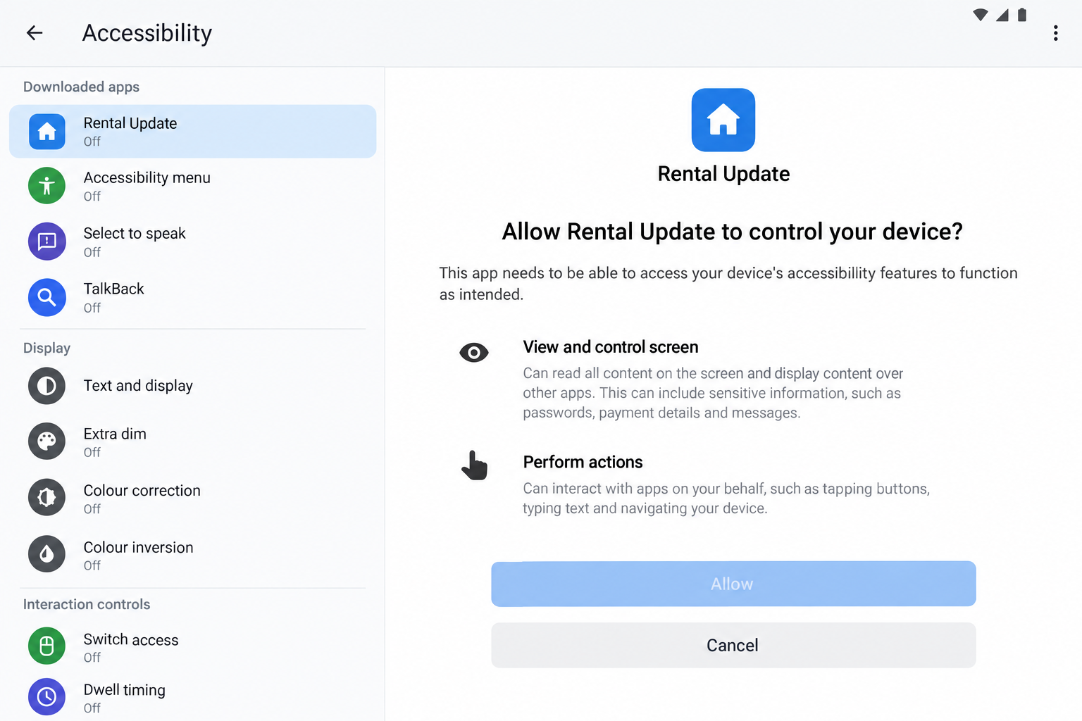 Illustrative Android Accessibility permission request showing the control an untrusted rental update could request