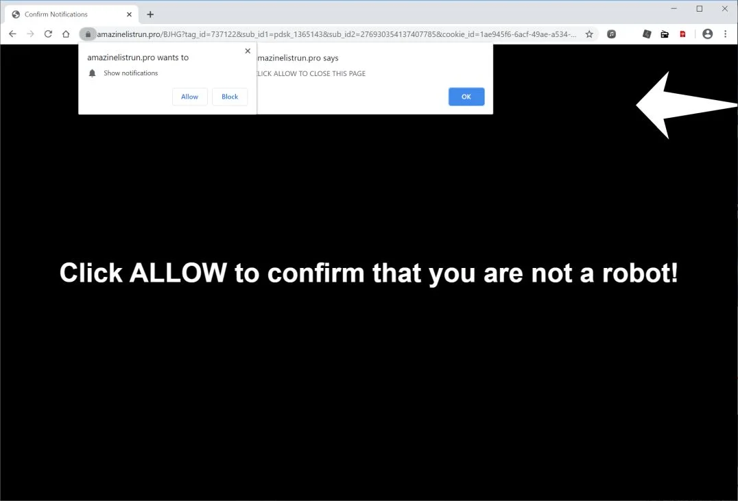 Image: Chrome browser is redirected to Amazinelistrun.pro