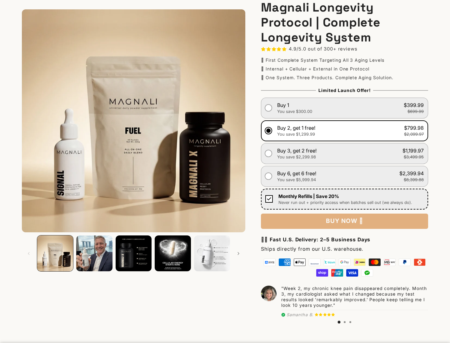 Magnali EXPOSED: Scam or Legit? Longevity Claims and Refills Investigation 1 Magnali Longevity Protocol offer with a three-bundle selection and checked monthly-refill option