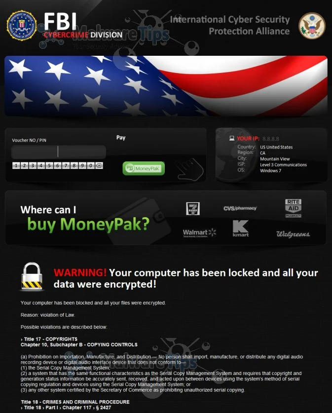 [Image: FBI Cybercrime Division: Computer locked, data encrypted virus]