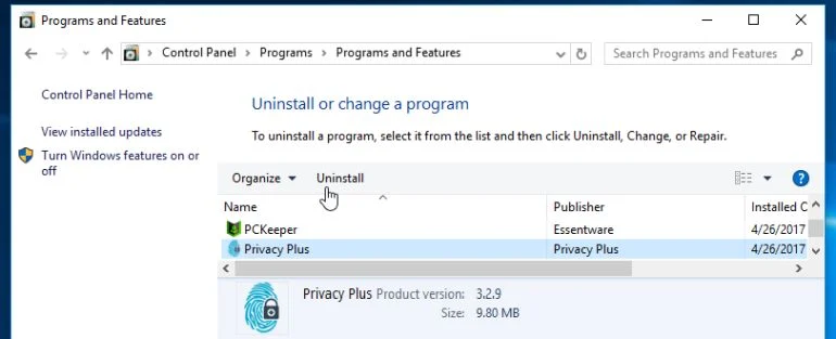Uninstall Privacy Plus