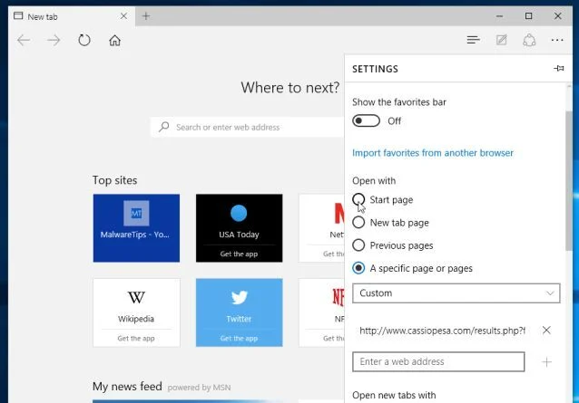 Microosft Edge start page