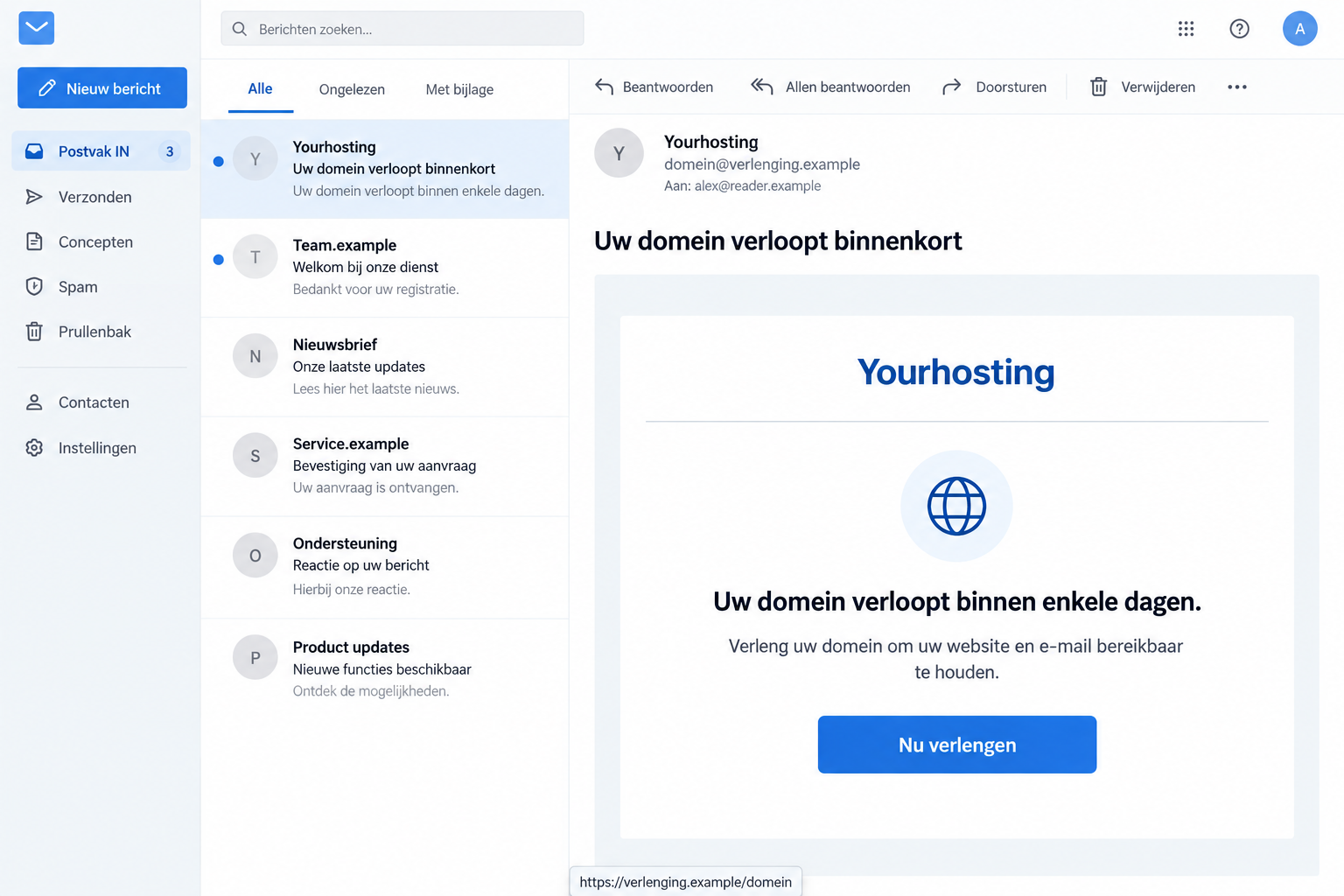 Illustrative Yourhosting domain expiry email with fictional sender and renewal destination