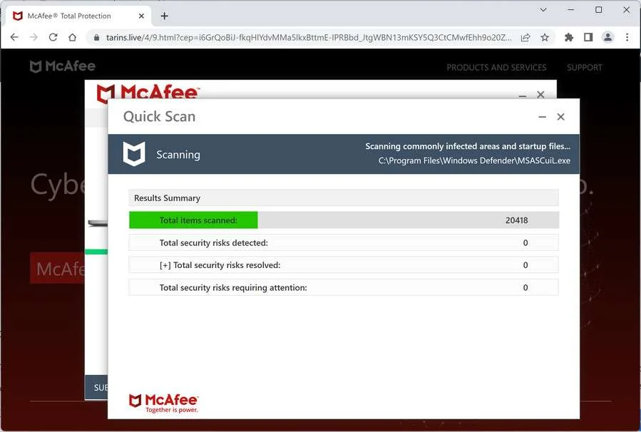 Image: Chrome browser is redirected to Tarins.live