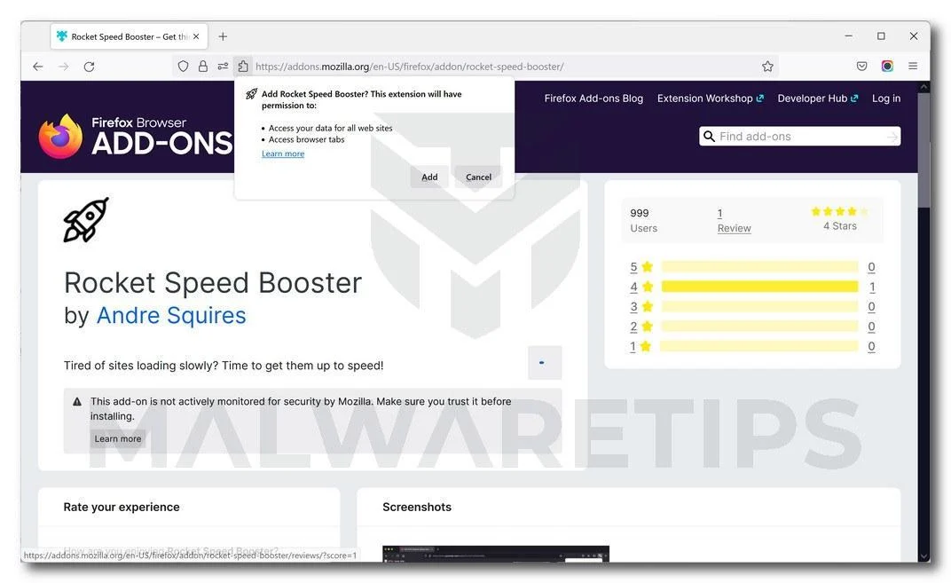 Remove Rocket Speed Booster browser hijacker (Virus Removal Guide) 1 Image: Rocket Speed Booster Firefox extension