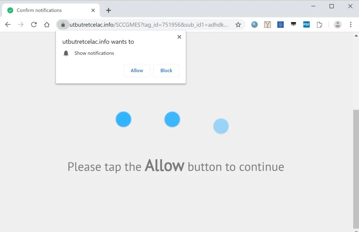 Image: Chrome browser is redirected to the Utbutretcelac.info site