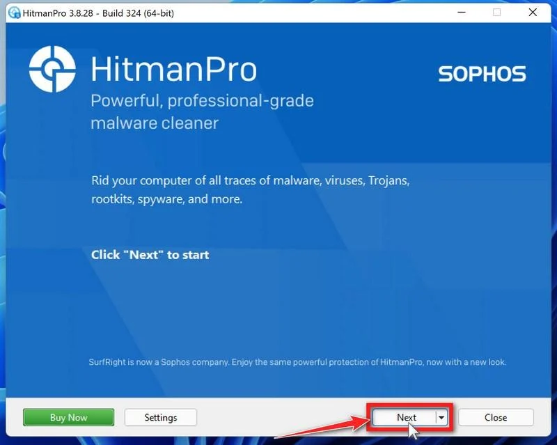 Click Next to install HitmanPro on your PC