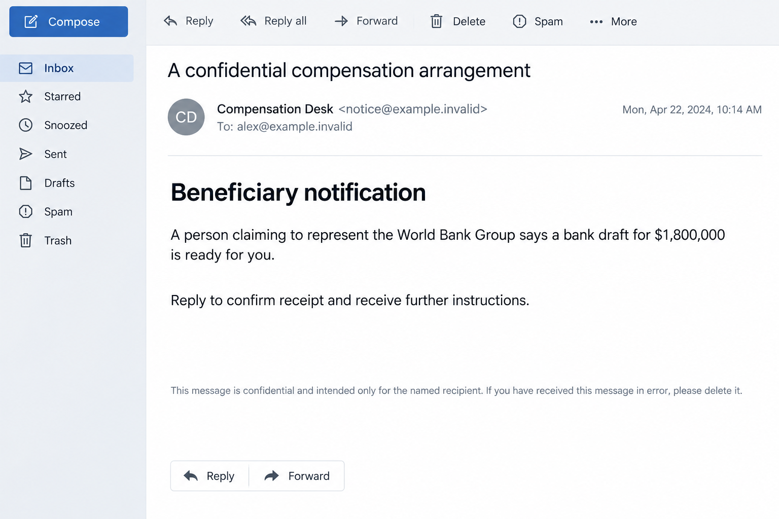 World Bank $1.8 Million Email Scam: Fake Makhtar Diop Payout Offer Exposed 1 Illustrative compensation email describing a supposed $1,800,000 World Bank bank draft