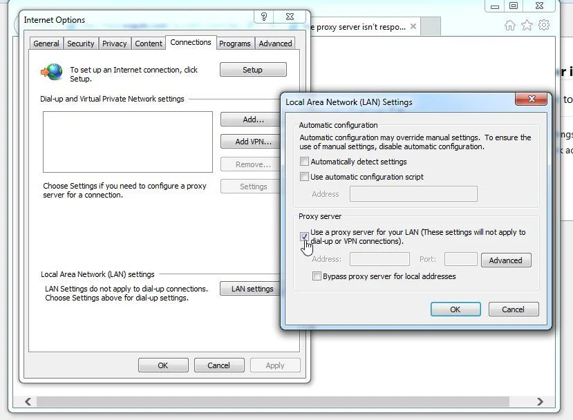 Remove Use a proxy server for your LAN
