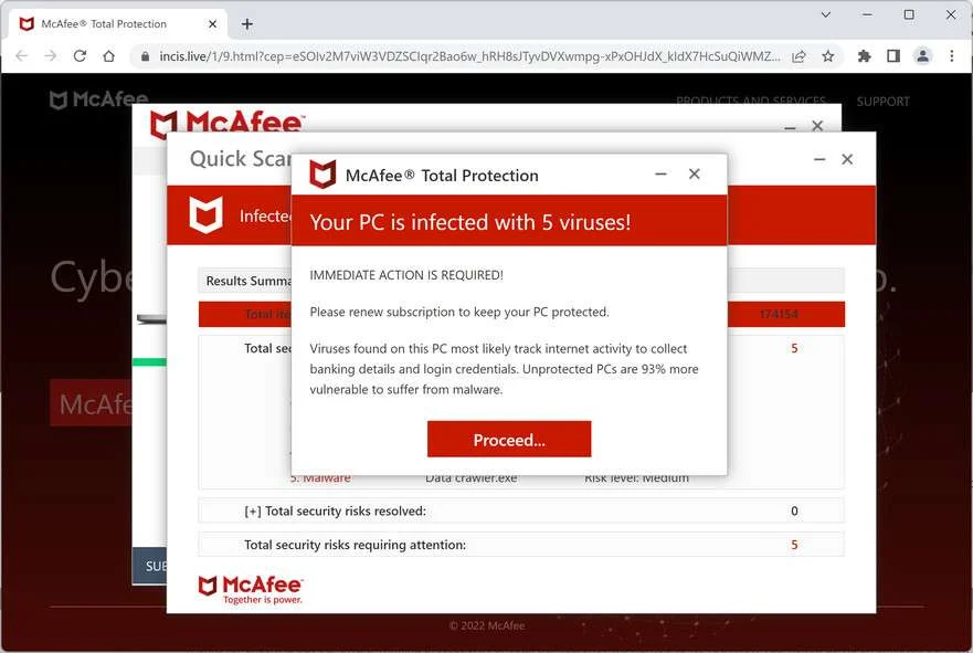 Image: Incis.live Fake McAfee Virus Alert