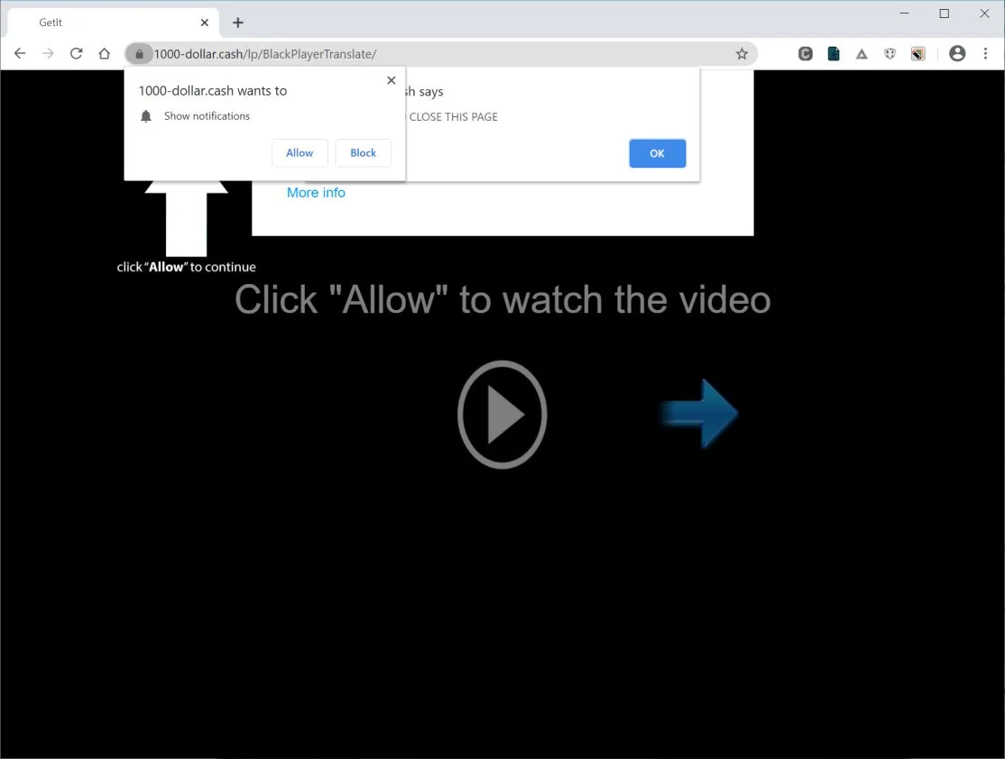 Image: Chrome browser is redirected to 1000-dollar.cash
