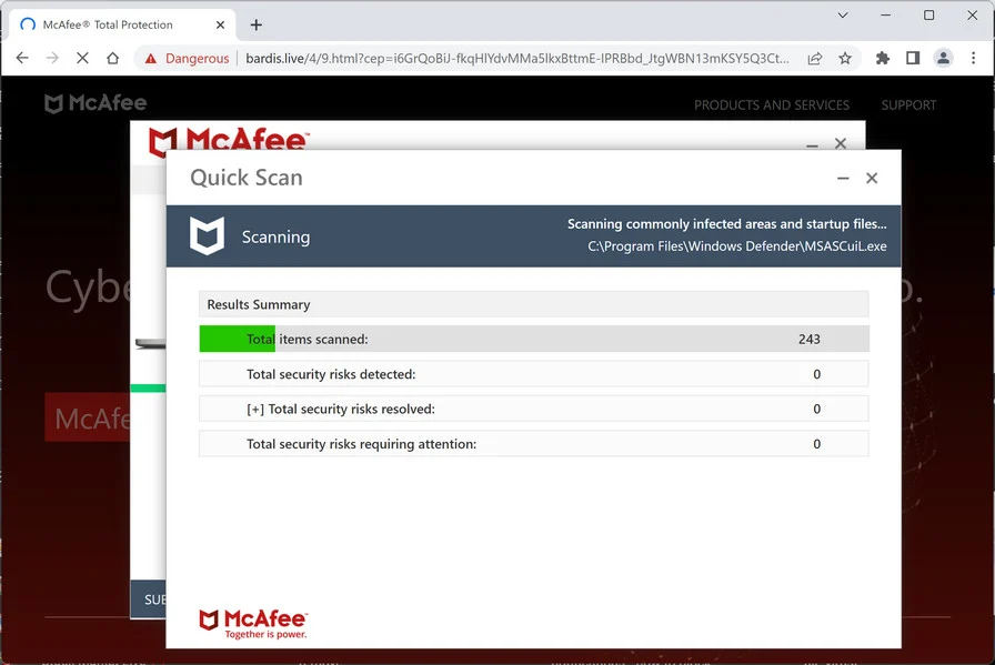 Image: Bardis.live Fake McAfee Virus Alert