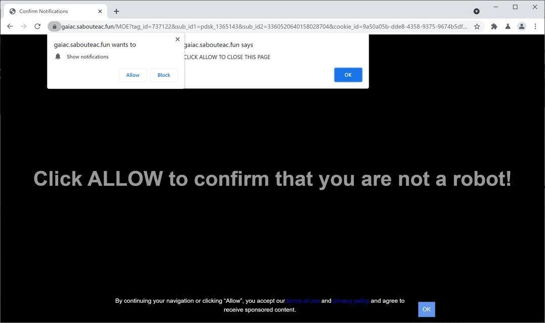 Image: Chrome browser is redirected to Sabouteac.fun
