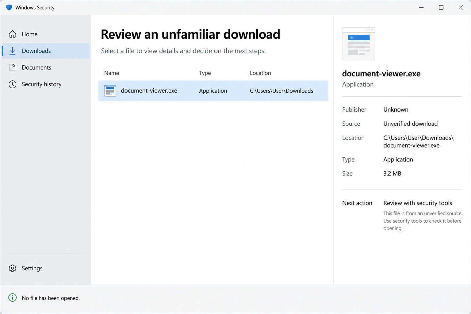 Fictional Windows-style file review illustration showing an unverified application, not a genuine TRIPAUL3 detection or malware scan result