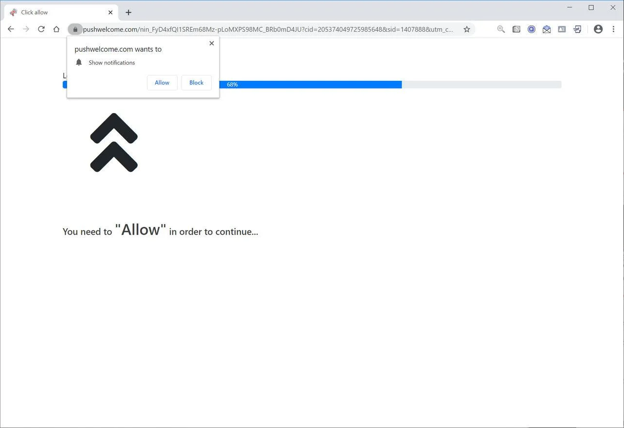 Image: Chrome browser is redirected to Pushwelcome.com