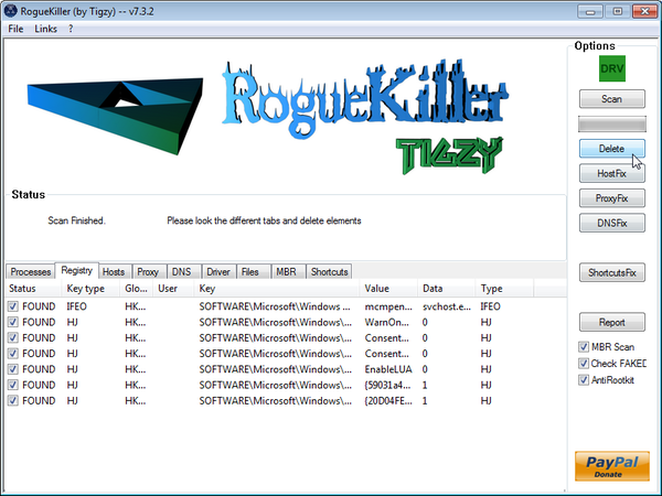 Press Delete to remove the malicious registry keys Remove Great Antispy 2012 virus infection with RogueKiller