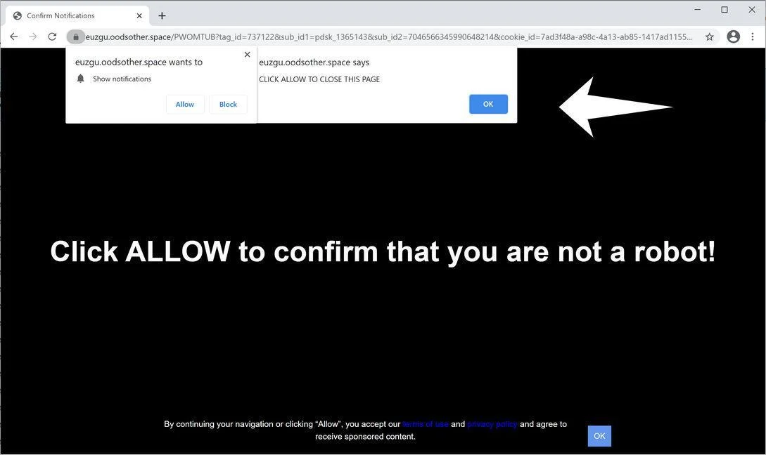 Image: Chrome browser is redirected to Oodsother.space