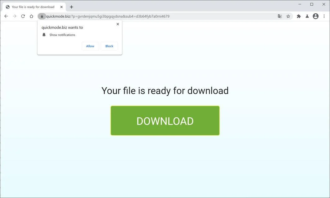 Image: Chrome browser is redirected to Quickmode.biz