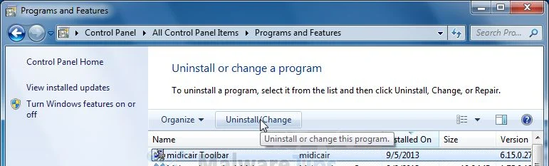 [Image: Uninstall Midicair Toolbar from Windows]