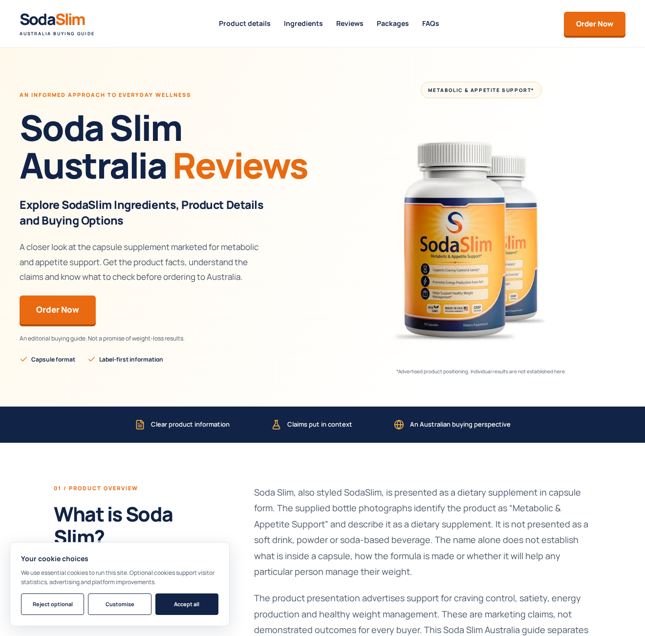 Soda Slim Australia: Scam or Legit? Weight-Loss Claims and Buying Risks 1 Soda Slim Australia affiliate page presenting orange-label metabolic and appetite-support capsules