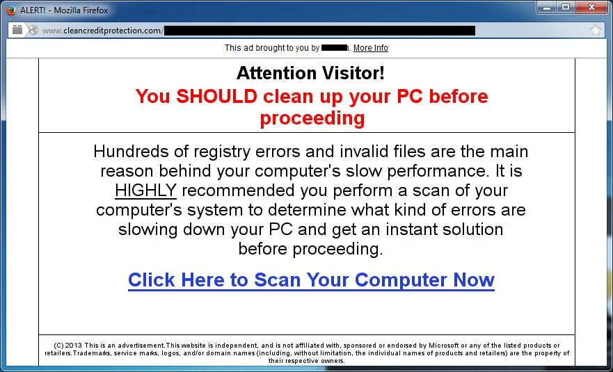 [Image: CleanCreditProtection.com pop-up virus]
