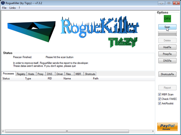 Click on the Start button to perform a system scan RogueKiller scanning after Great Antispy 2012 virus virus