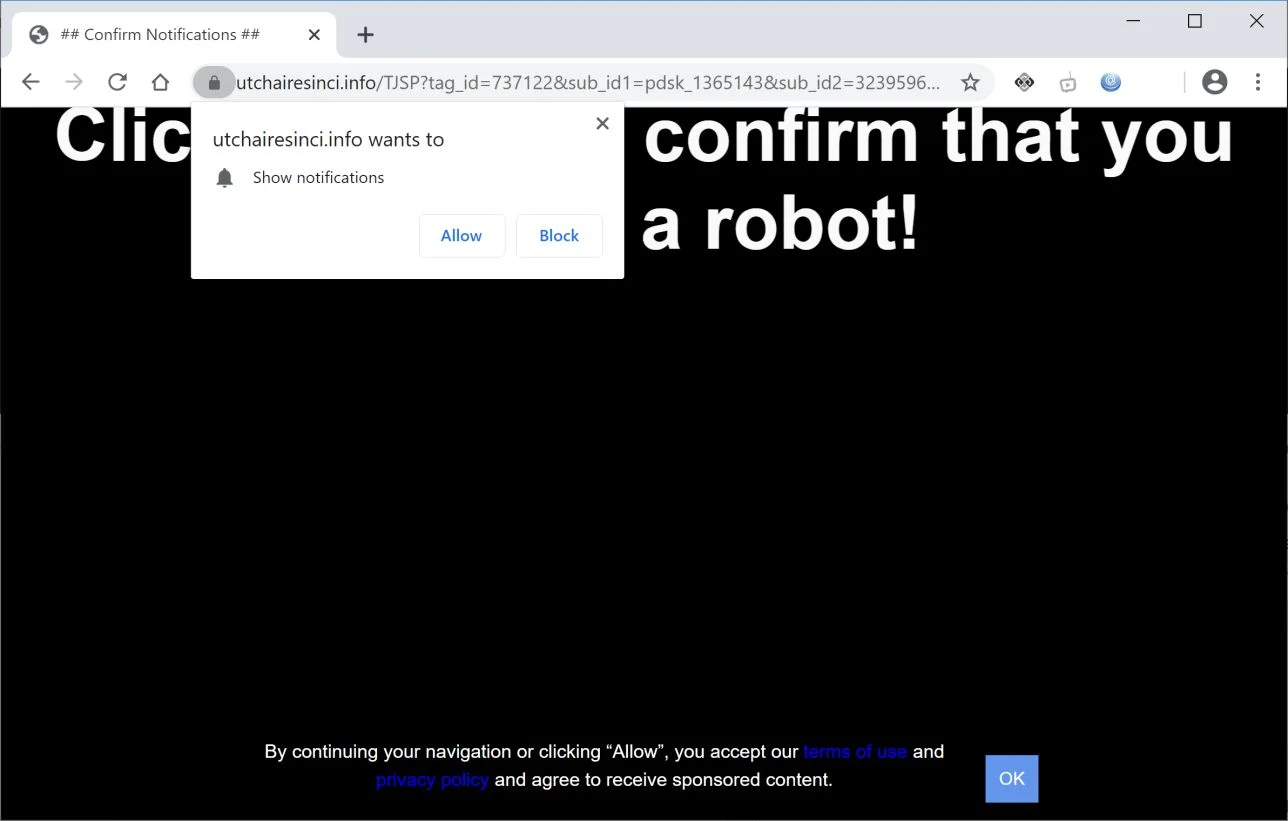 Image: Chrome browser is redirected to Utchairesinci.info
