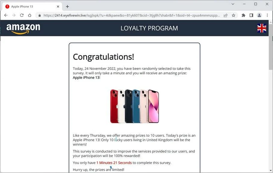 Image: Wyefivewin.live Fake Amazon Loyalty Program Survey