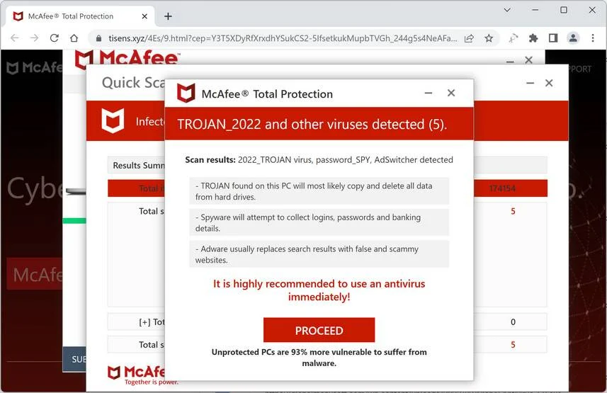 Screenshot of Tisens.xyz Fake Antivirus Scan