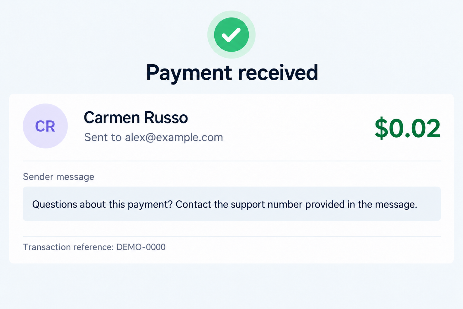 Carmen Russo PayPal Scam: The $0.02 Payment That Points You to Fake Support 1 Illustrative transaction showing Carmen Russo, a $0.02 incoming payment, and a sender message with fictional account details