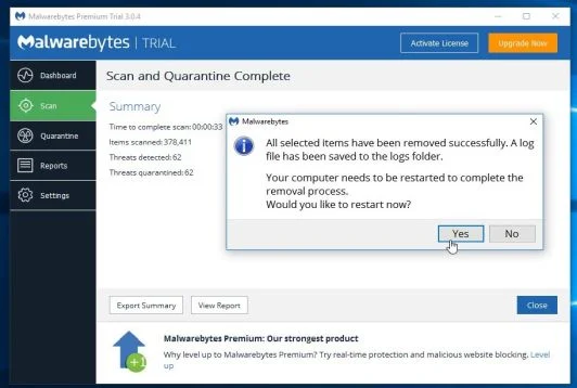 Malwarebytes Anti-Malware asking to restart computer Restart computer to complete the malware removal process