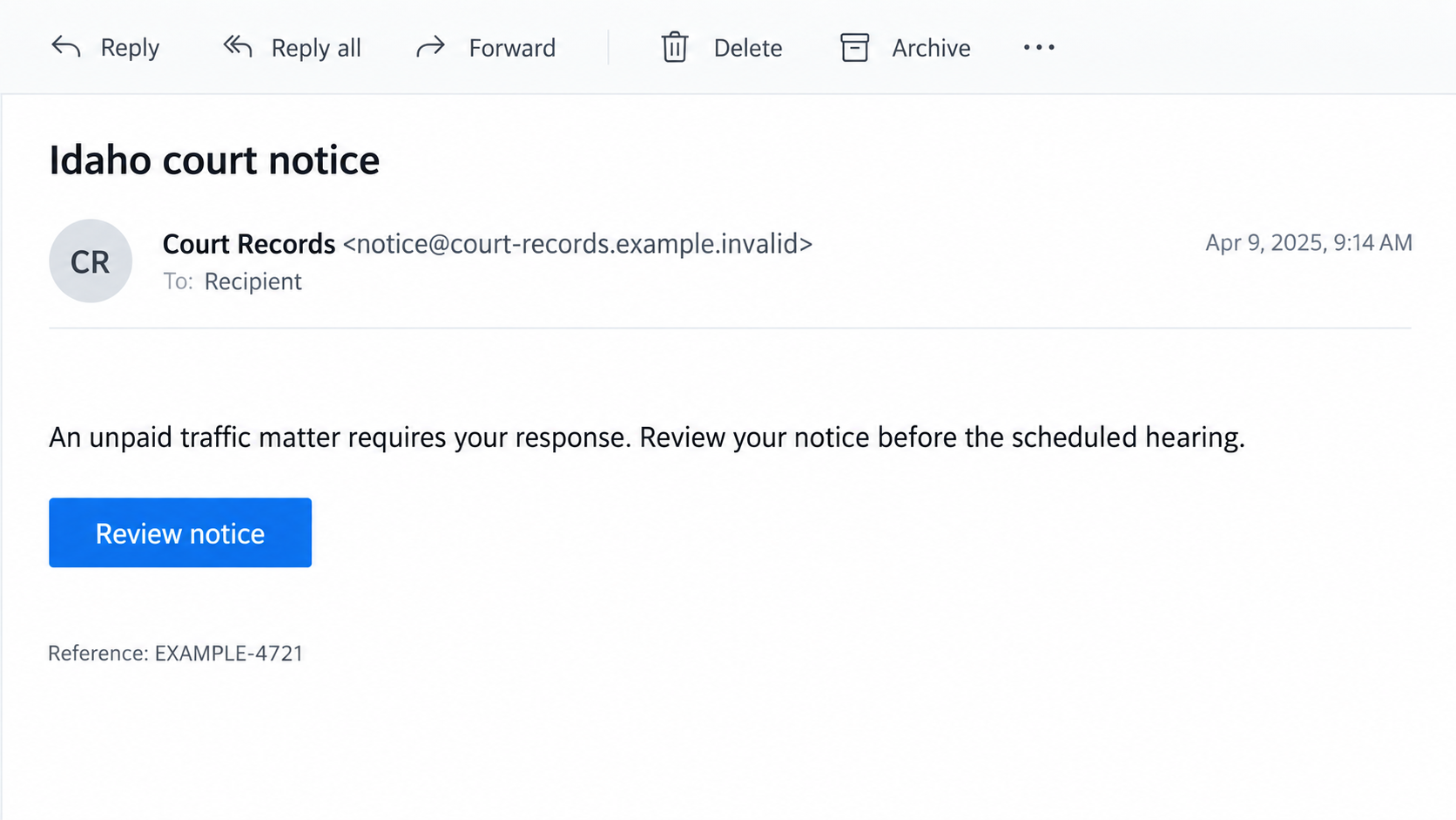 Illustrative Idaho court notice email with a fictional sender and review-notice link