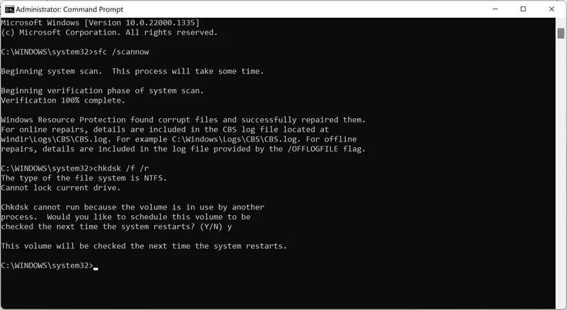 CMD chkdsk f r restart