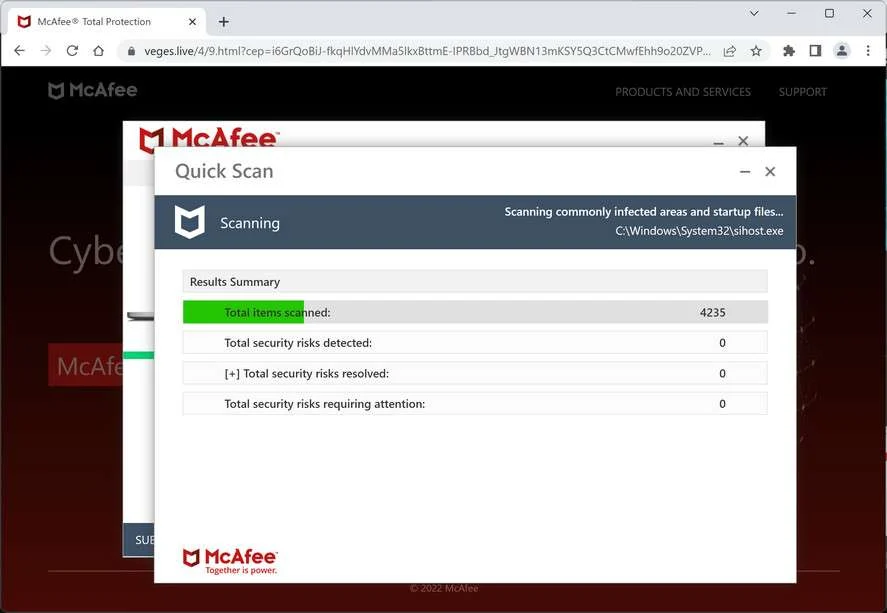 Image: Veges.live Fake McAfee Virus Alert