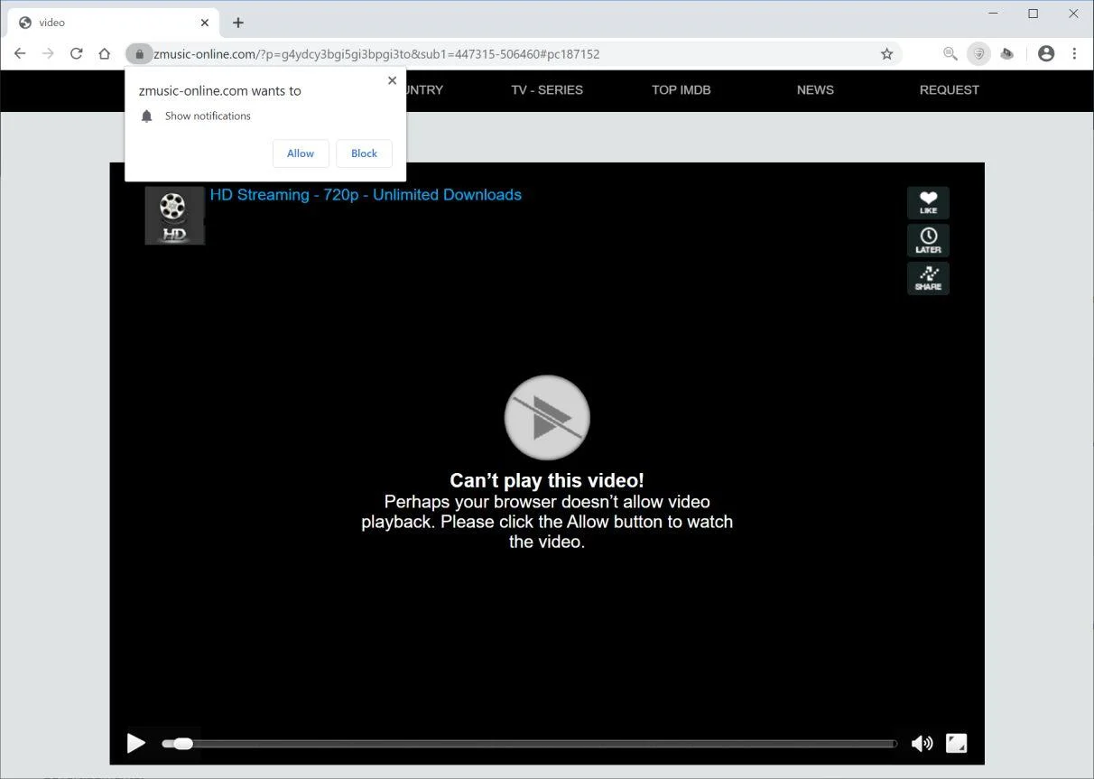Image: Chrome browser is redirected to Zmusic-online.com