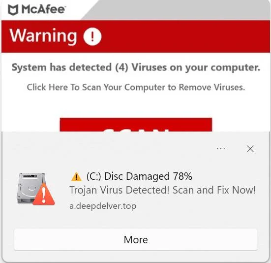 Cleandiskpc.com Pop-ups - The Truth Behind the Fake Virus Warnings 1 Remove McAfee Trojan Virus Detected! Pop-up Scam