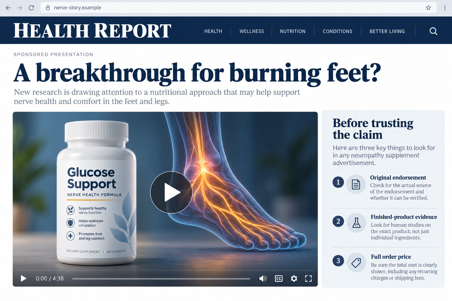 Fictional health advertorial illustrating a nerve-pain breakthrough pitch that leads toward a glucose-support supplement, without a genuine celebrity endorsement