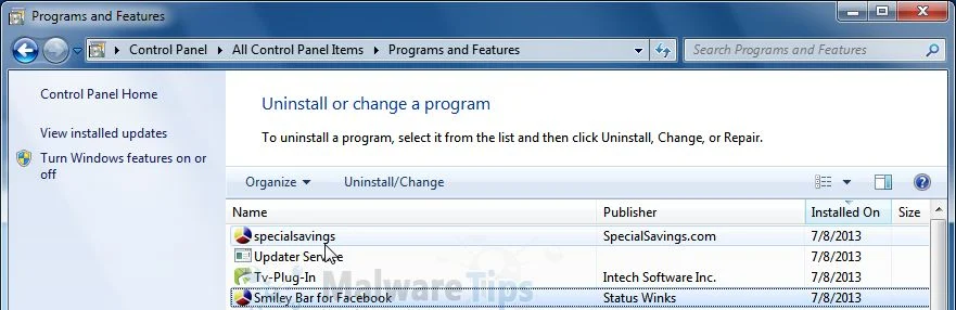 [Image: Uninstall Special Savings program from Windows]