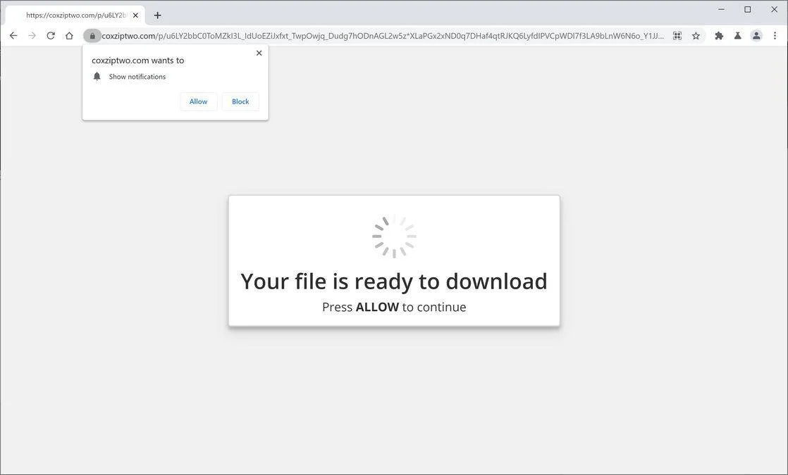 Image: Chrome browser is redirected to Coxziptwo.com