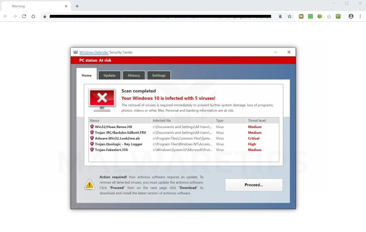 Image: Chrome browser is redirected to Your Windows 10 is infected with 5 viruses! Scam