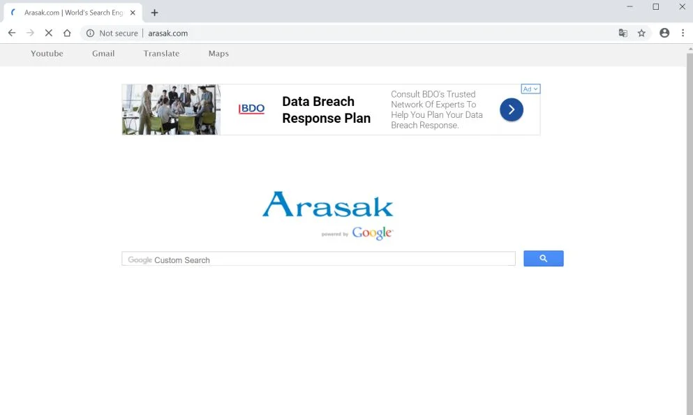 Image: Chrome browser is redirected to the Arasak.com site