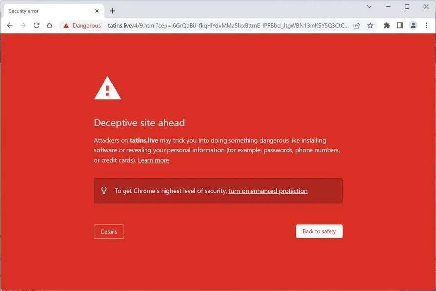 Image: Chrome browser is redirected to Tatins.live