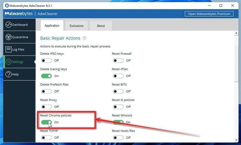 Enable Reset Chrome policies to remove malicious browser policies