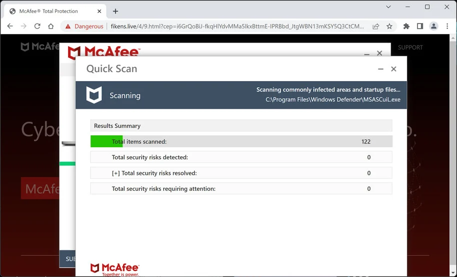 Image: Fikens.live Fake McAfee Virus Alert