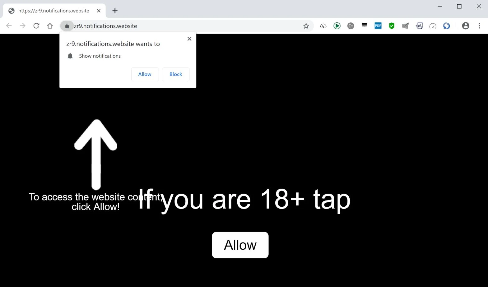 Image: Chrome browser is redirected to the Notifications.website site