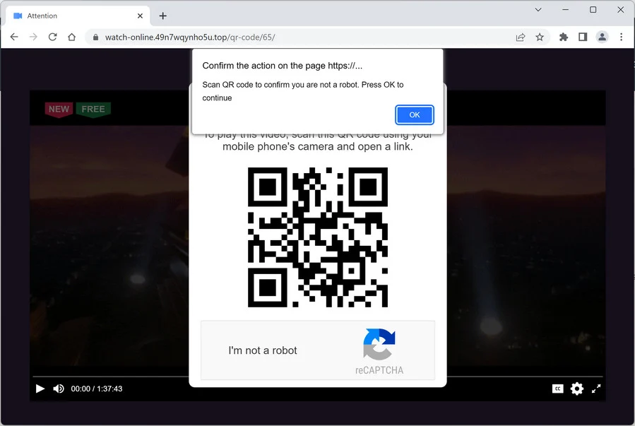 "Scan QR Code To Confirm You Are Not A Robot" Pop-up Scam 1 Image: Scan QR Code To Confirm You Are Not A Robot Pop-up Scam