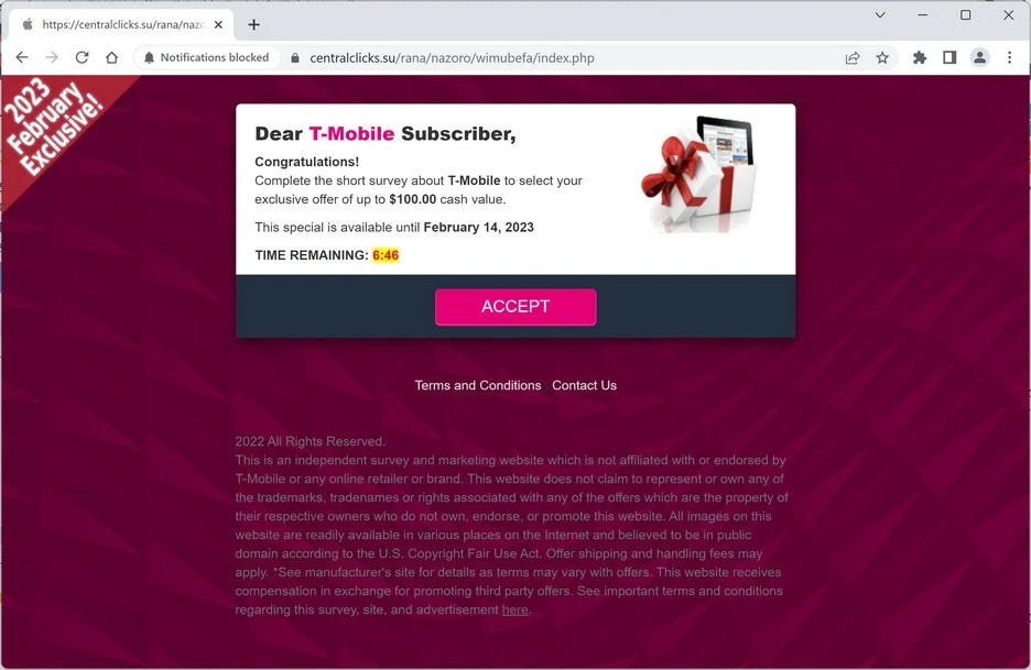Image: Chrome browser is redirected to the Centralclicks.su site